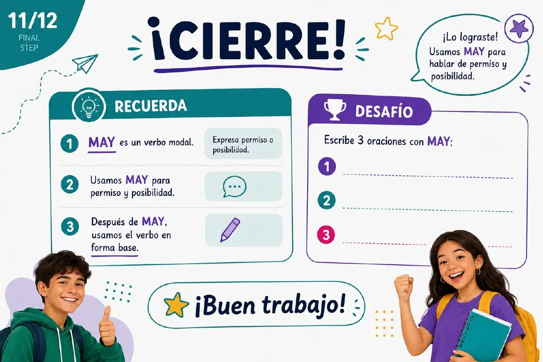 Diapositiva de cierre con desafío final de la clase de May