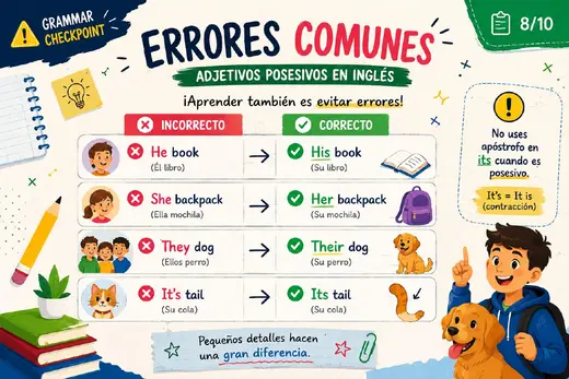 Diapositiva de errores comunes con adjetivos posesivos
