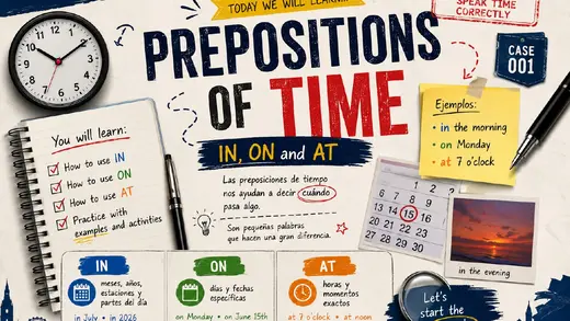 Diapositiva de portada de la clase de Prepositions of Time