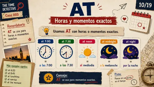 Diapositiva de la preposición AT con horas exactas